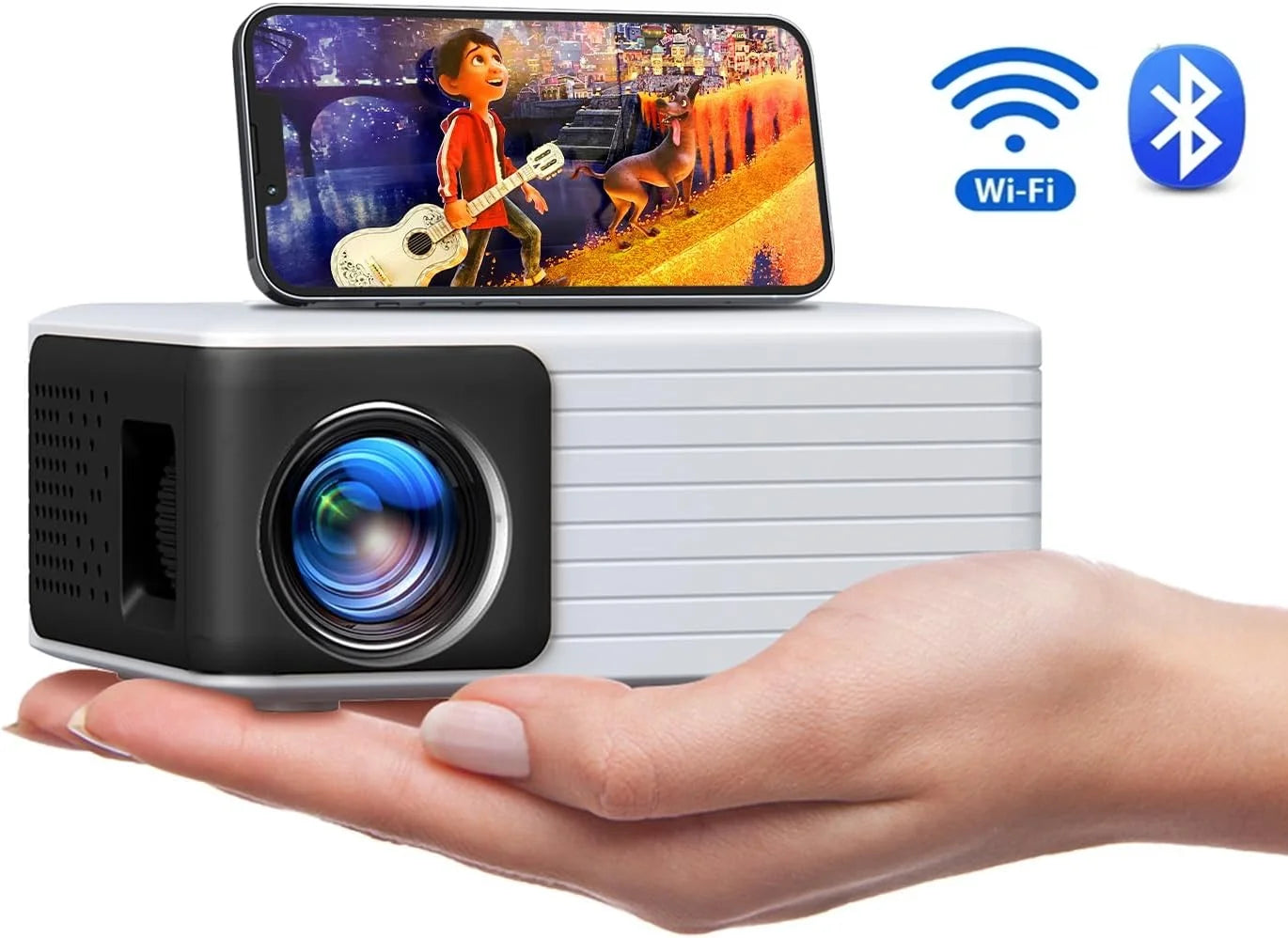Mini Projector with Wifi Bluetooth, Portable Projector Full HD 1080P Support, Compatible with Pc/Tablet/Fire Stick/Ios and Android Phone, White