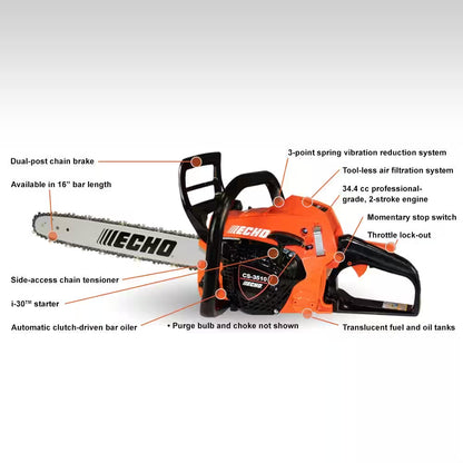 16 In. 34.4 Cc Gas 2-Stroke Engine Rear Handle Chainsaw