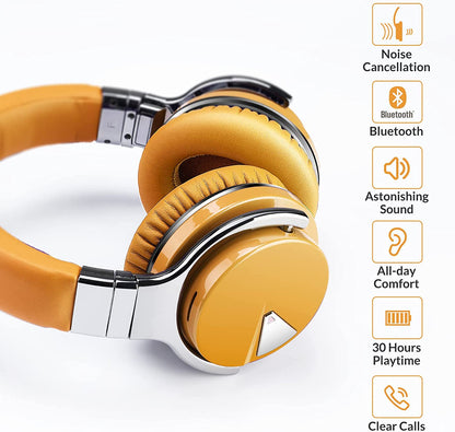 E7 Active Noise Cancelling Headphones Bluetooth Headphones with Microphone Deep Bass Wireless Headphones over Ear, Comfortable Protein Earpads, 30 Hours Playtime for Travel/Work, Yellow