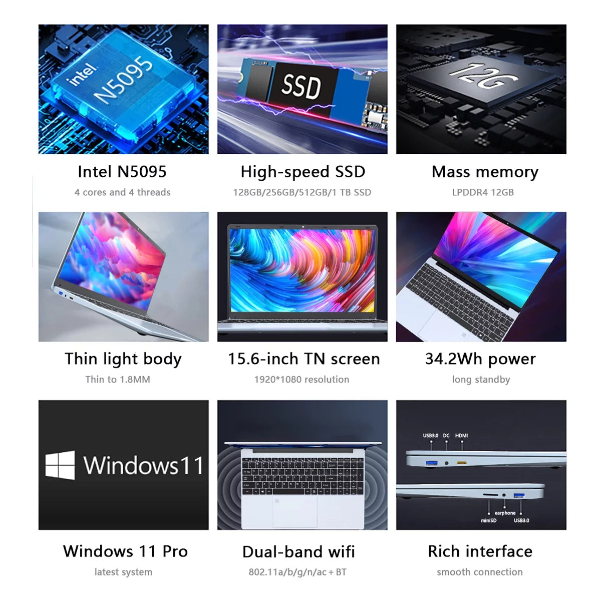 15.6" Windows 11 Pro Laptop with 16GB RAM 512GB SSD, Intel Celeron Processor and Backlit Keyboard