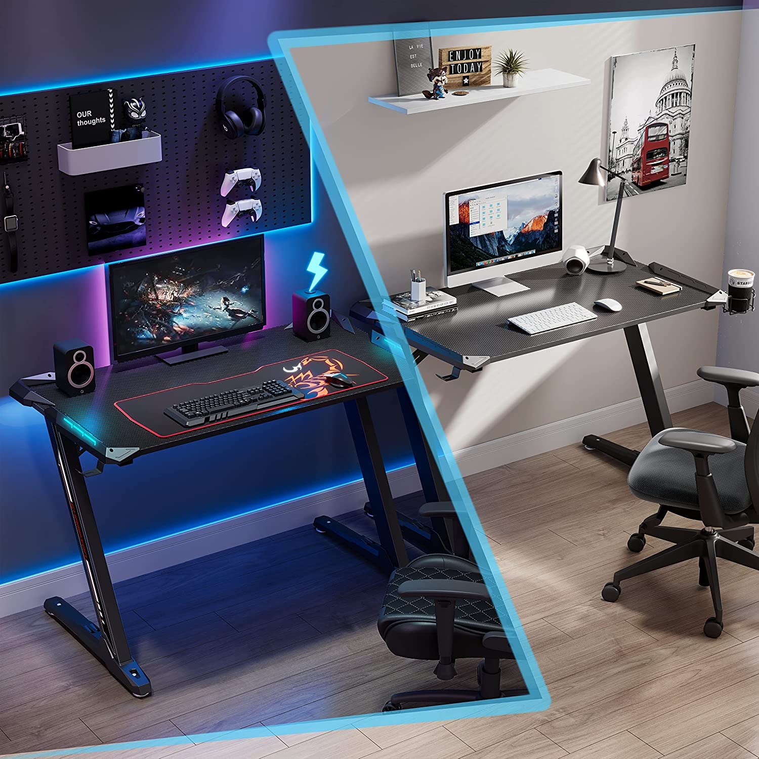 Z1-S Pro Gaming Desk 44.5" Z Shaped Home Office PC Computer Desks Gamer Tables with LED Lights Controller Stand Cup Holder Headphone Hook Free Mousepad for Men Boyfriend Female Gift